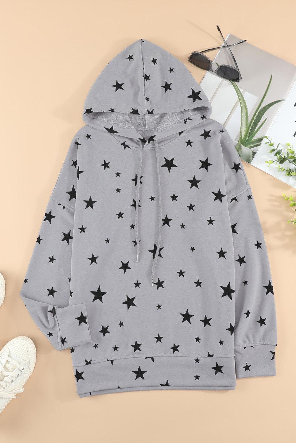 Star Print Drawstring Detail Hoodie BLUE ZONE PLANET