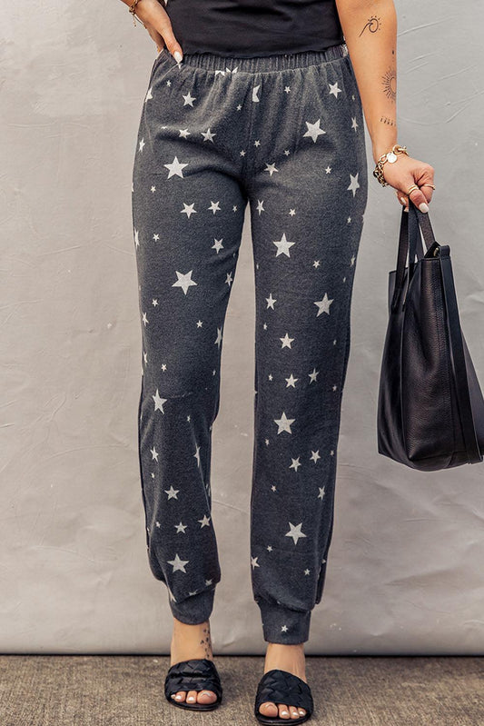 Star Print Elastic Waist Joggers BLUE ZONE PLANET