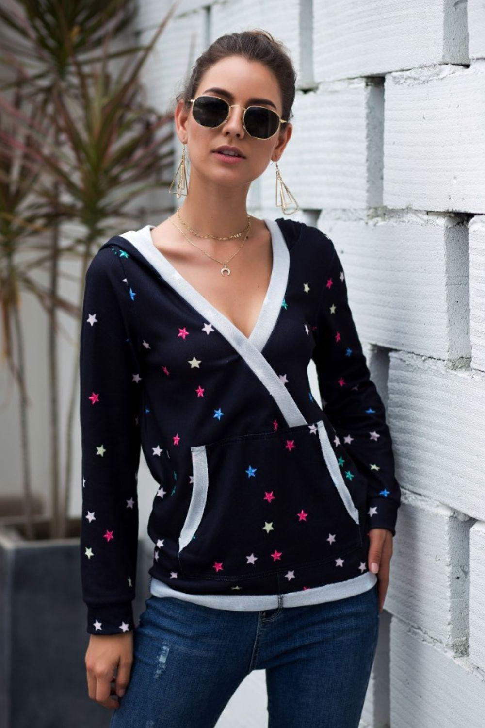 Star Print Kangaroo Pocket Hoodie BLUE ZONE PLANET