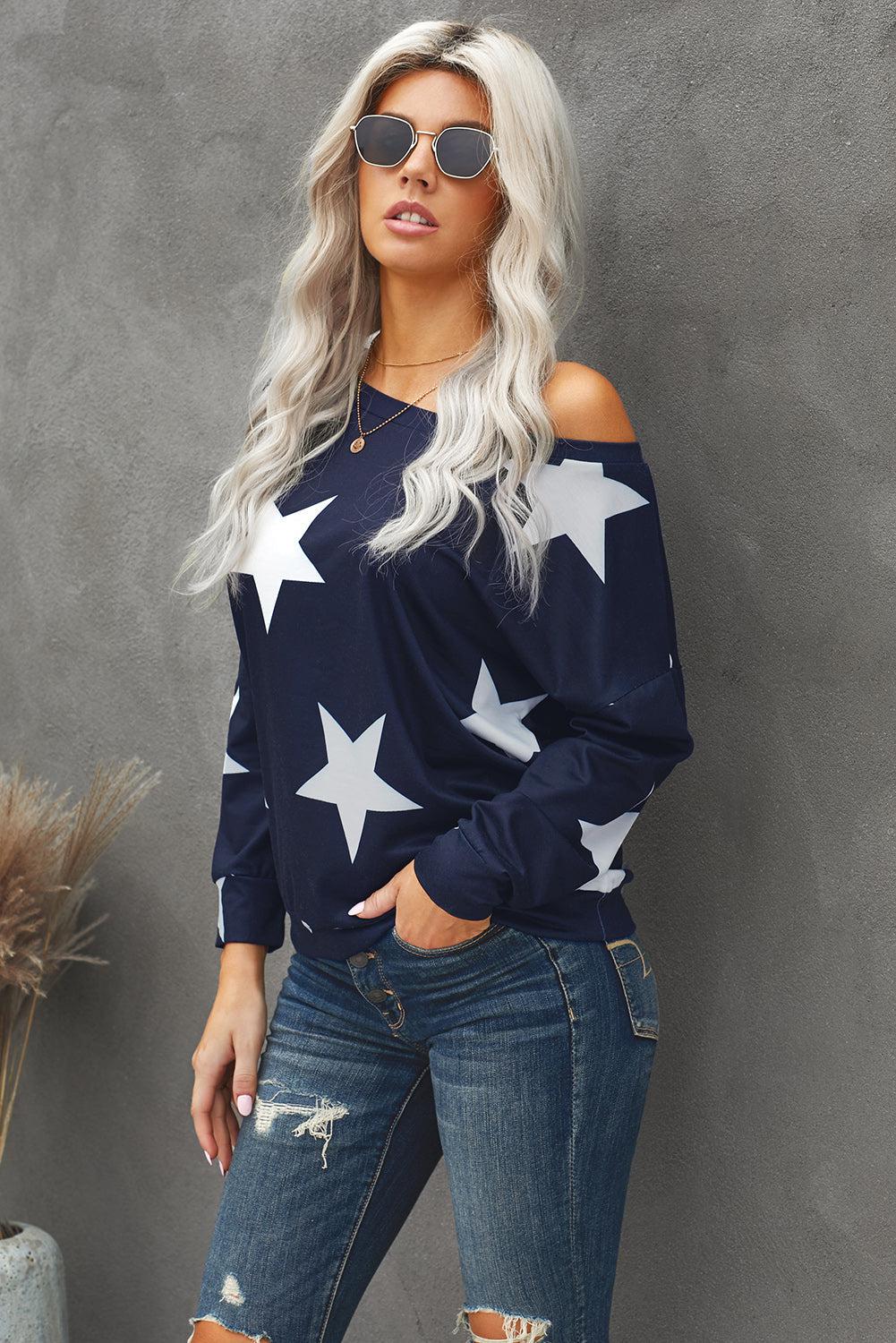 Star Print Long Sleeve Sweatshirt BLUE ZONE PLANET