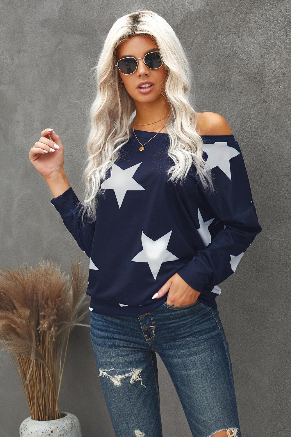 Star Print Long Sleeve Sweatshirt BLUE ZONE PLANET