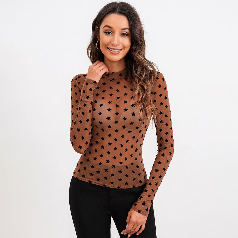 Star Print Mesh Long Sleeve Top-TOPS / DRESSES-[Adult]-[Female]-Brown-XS-Blue Zone Planet