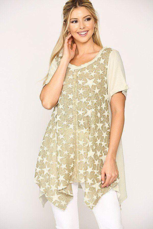 Star Textured Knit Mixed Tunic Top With Shark Bite Hem-TOPS / DRESSES-[Adult]-[Female]-Blue Zone Planet