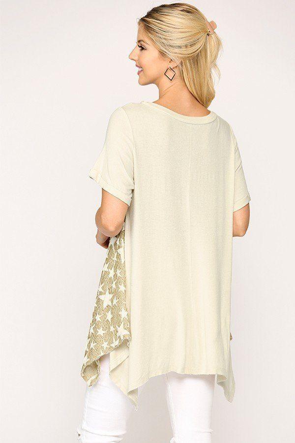 Star Textured Knit Mixed Tunic Top With Shark Bite Hem-TOPS / DRESSES-[Adult]-[Female]-Blue Zone Planet