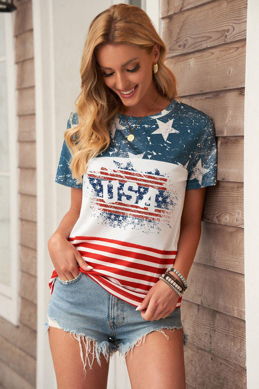 Stars and Stripes Color Block T-Shirt BLUE ZONE PLANET