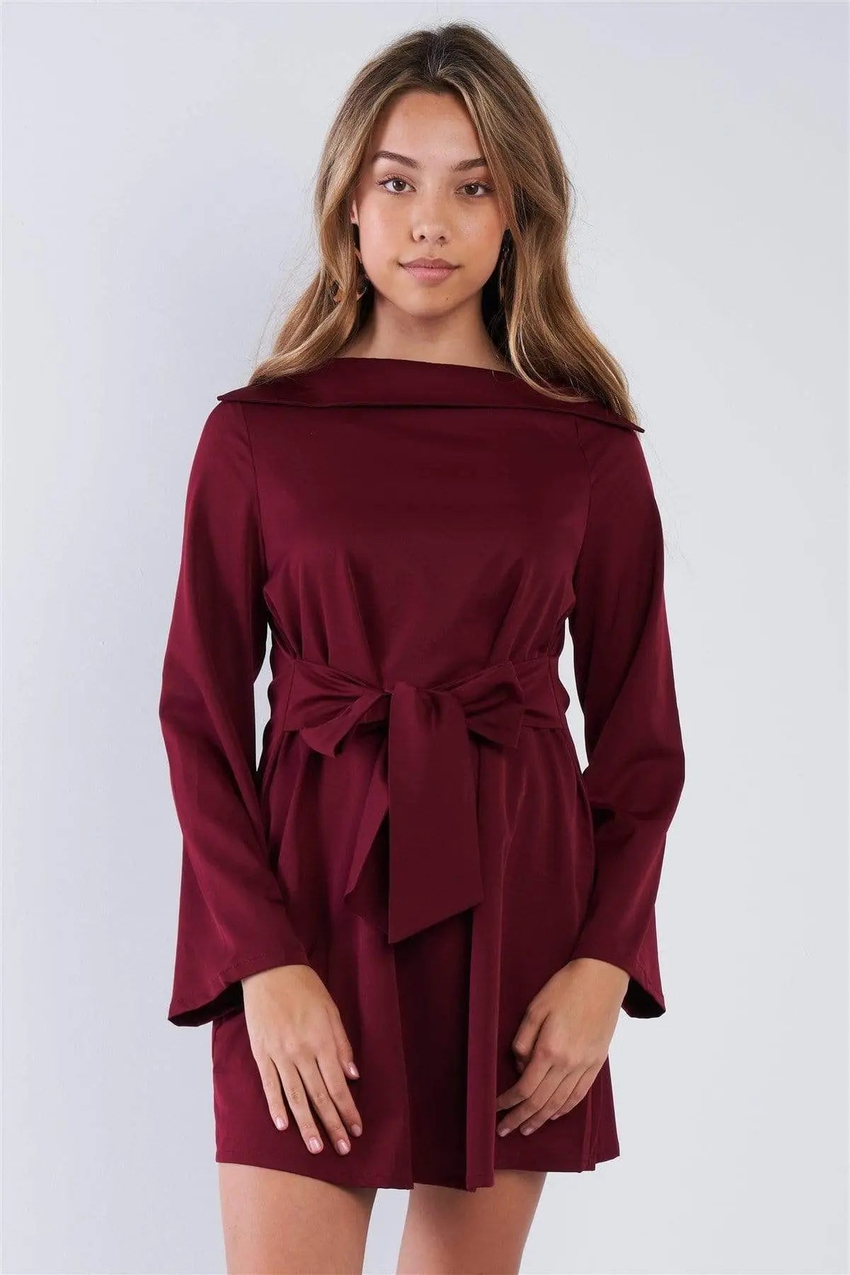 Straight Neck Solid Front-tie Dress Blue Zone Planet
