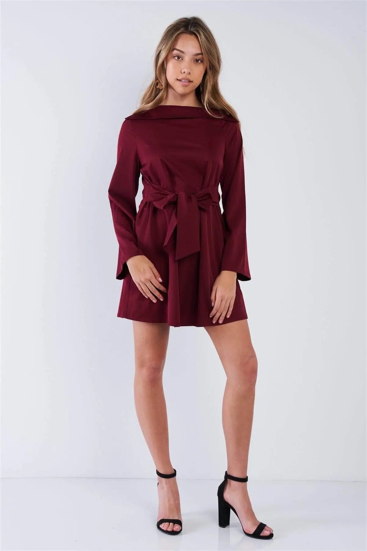 Straight Neck Solid Front-tie Dress Blue Zone Planet