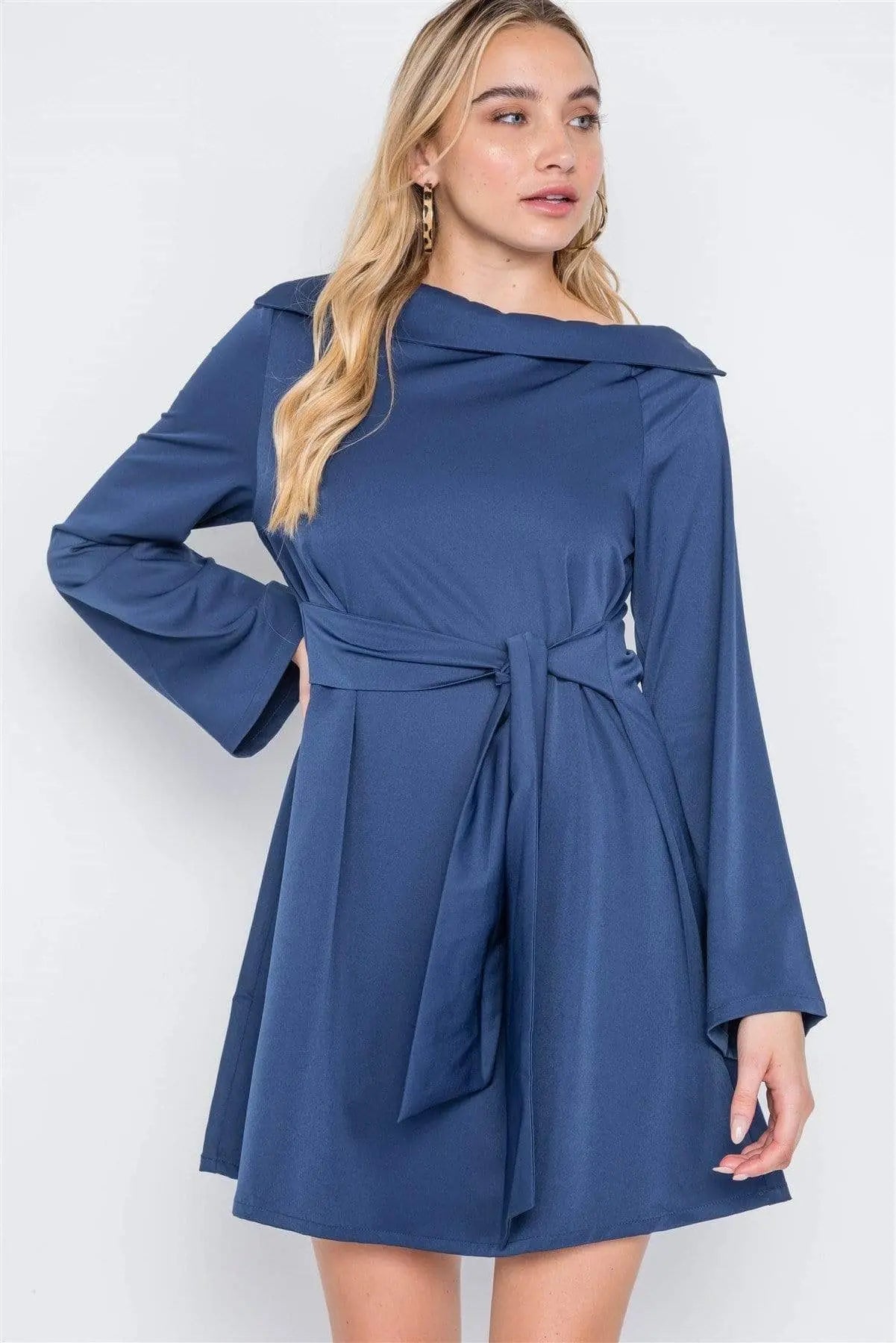 Straight Neck Solid Front-tie Dress Blue Zone Planet