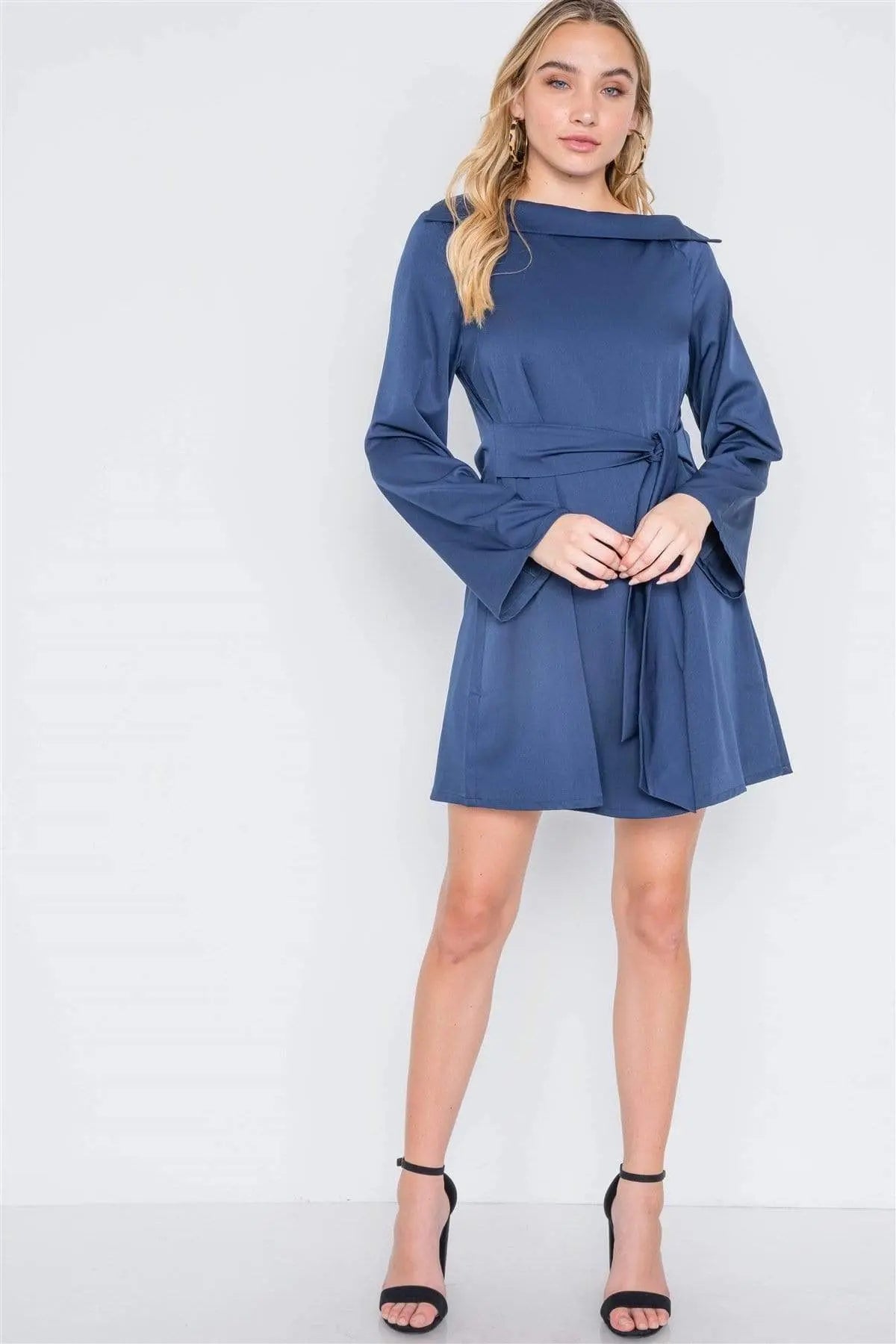 Straight Neck Solid Front-tie Dress Blue Zone Planet