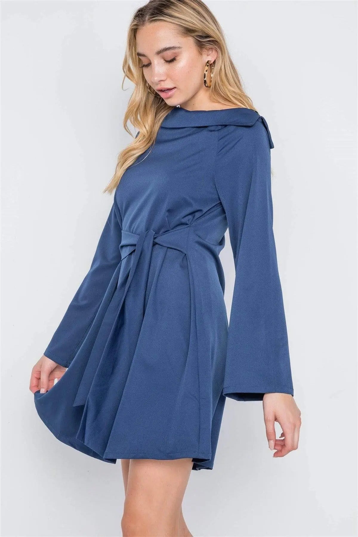 Straight Neck Solid Front-tie Dress Blue Zone Planet