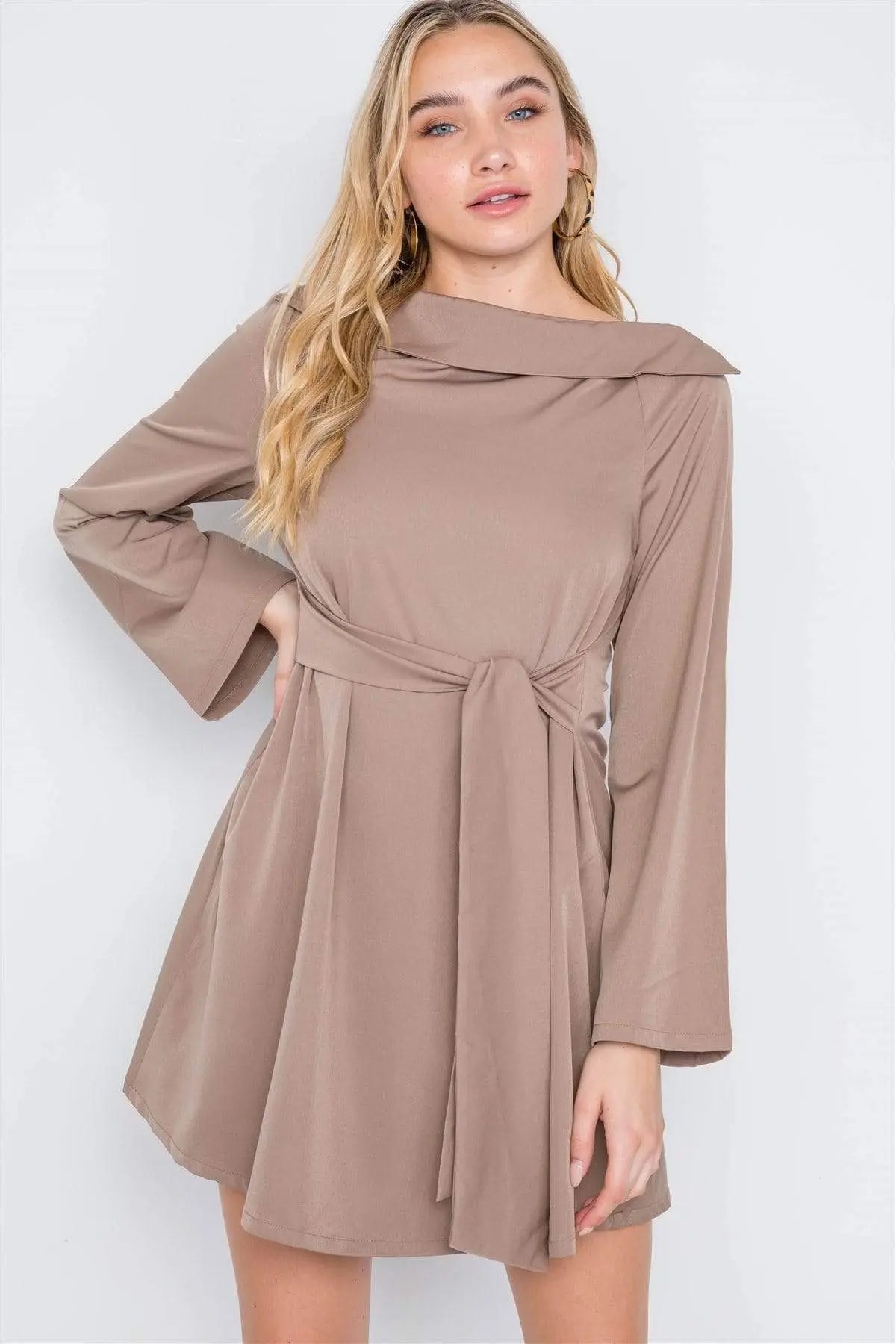 Straight Neck Solid Front-tie Dress Blue Zone Planet