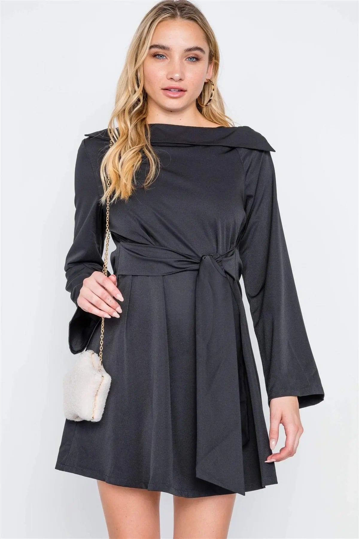 Straight Neck Solid Front-tie Dress Blue Zone Planet