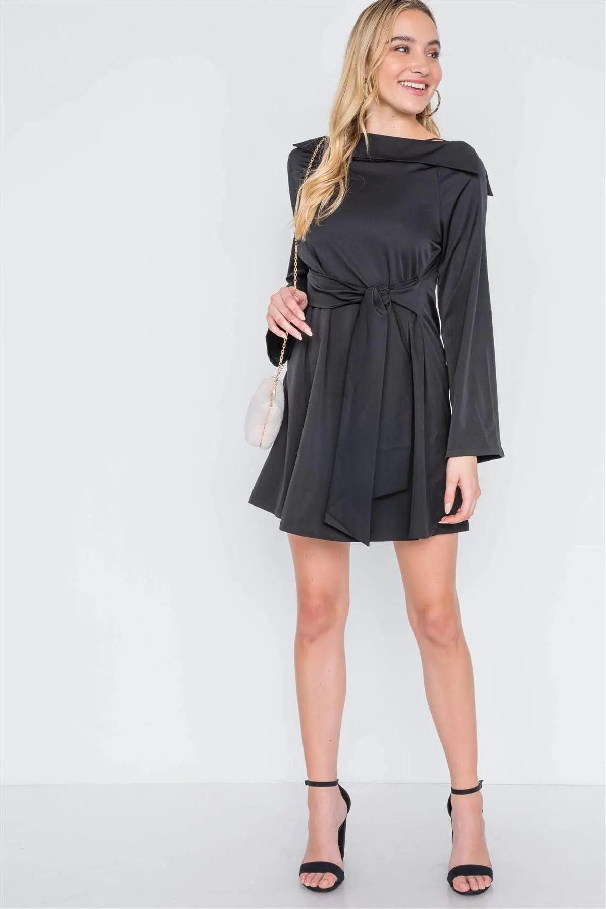 Straight Neck Solid Front-tie Dress Blue Zone Planet