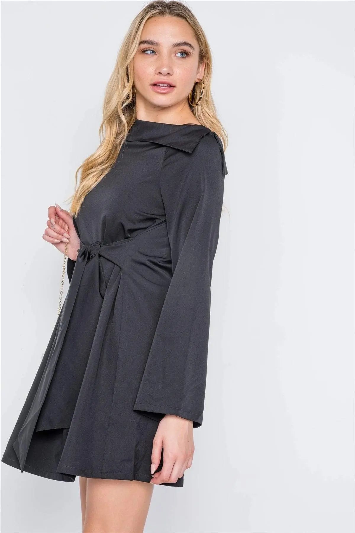 Straight Neck Solid Front-tie Dress Blue Zone Planet