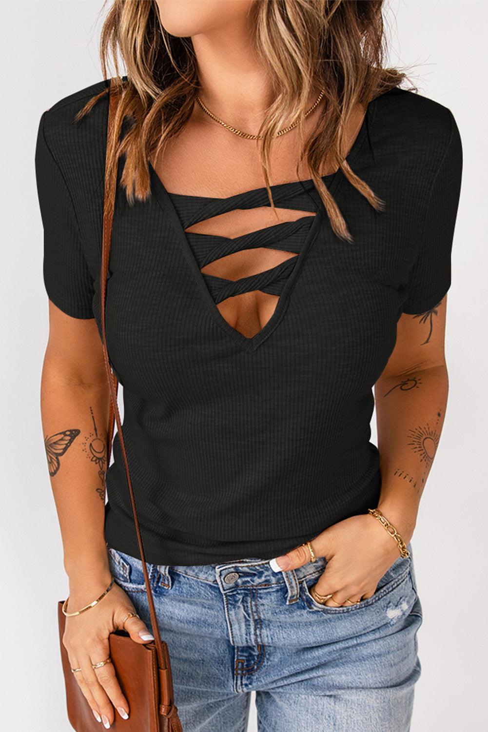 Strappy Ribbed Knit T-Shirt BLUE ZONE PLANET