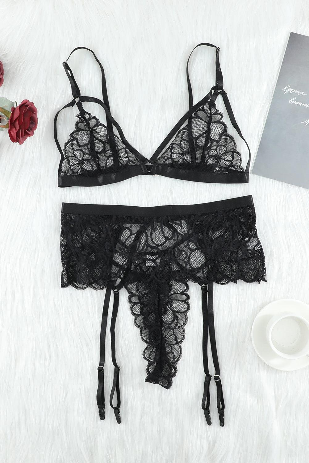 Strappy Three-Piece Lace Lingerie Set-TOPS / DRESSES-[Adult]-[Female]-Blue Zone Planet