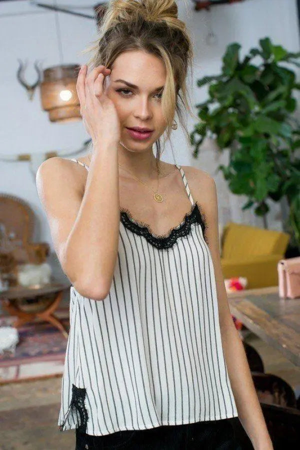 Stripe Print Side Slit Adjustable Self Spaghetti Lace Cami Blue Zone Planet