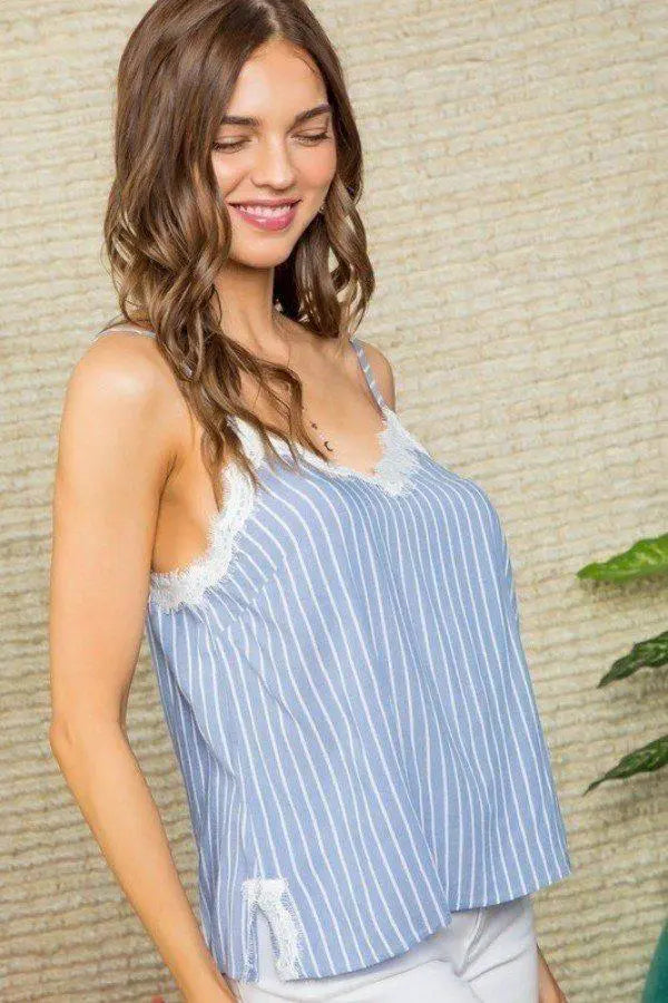 Stripe Print Side Slit Adjustable Self Spaghetti Lace Cami Blue Zone Planet