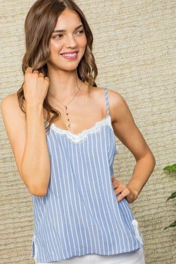 Stripe Print Side Slit Adjustable Self Spaghetti Lace Cami Blue Zone Planet