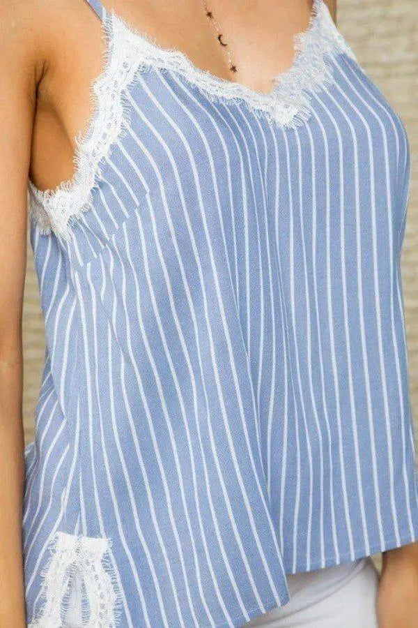 Stripe Print Side Slit Adjustable Self Spaghetti Lace Cami Blue Zone Planet