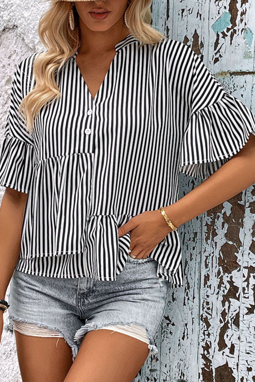 Striped Asymmetrical Flounce Sleeve Blouse BLUE ZONE PLANET