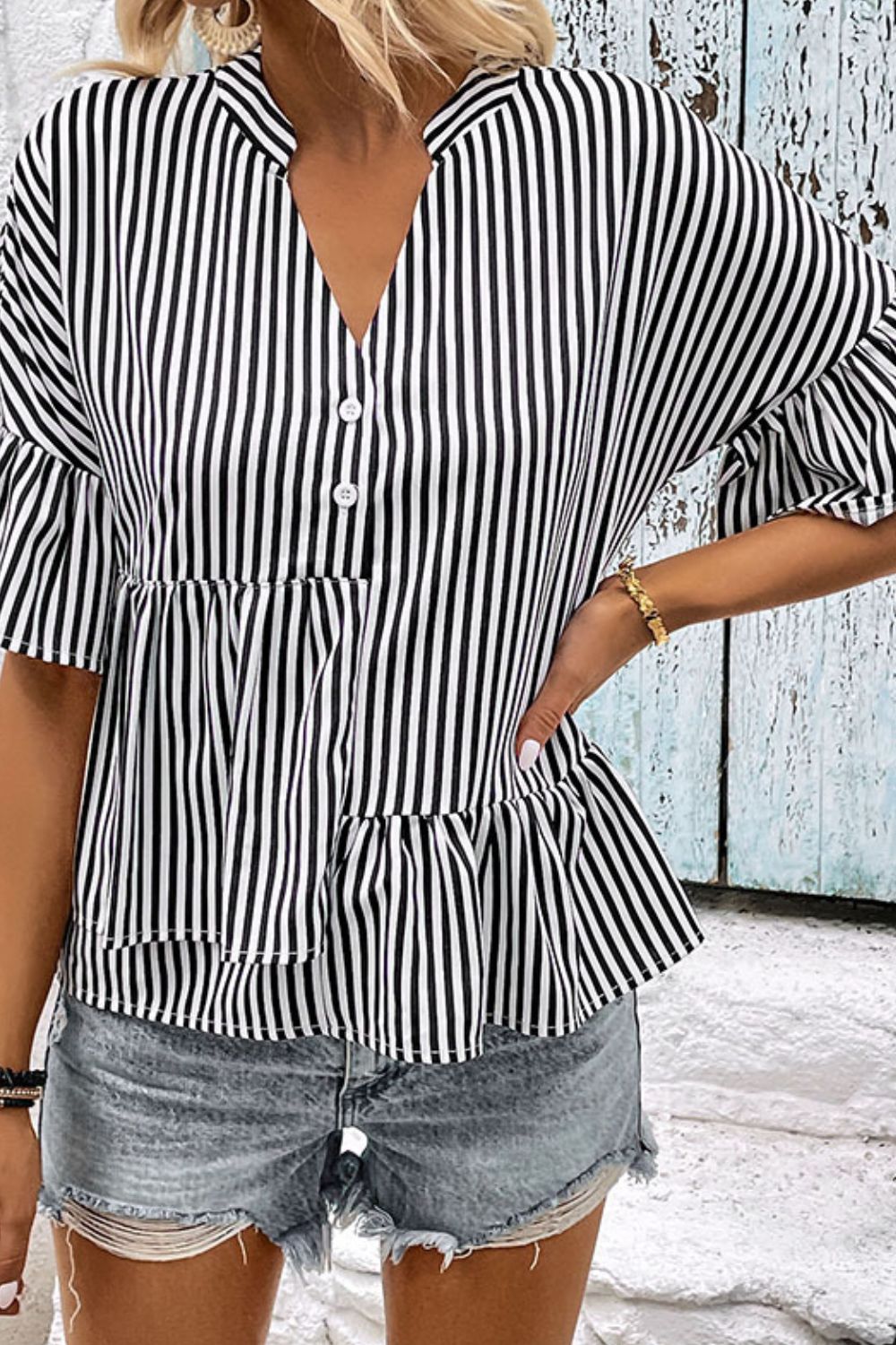 Striped Asymmetrical Flounce Sleeve Blouse BLUE ZONE PLANET