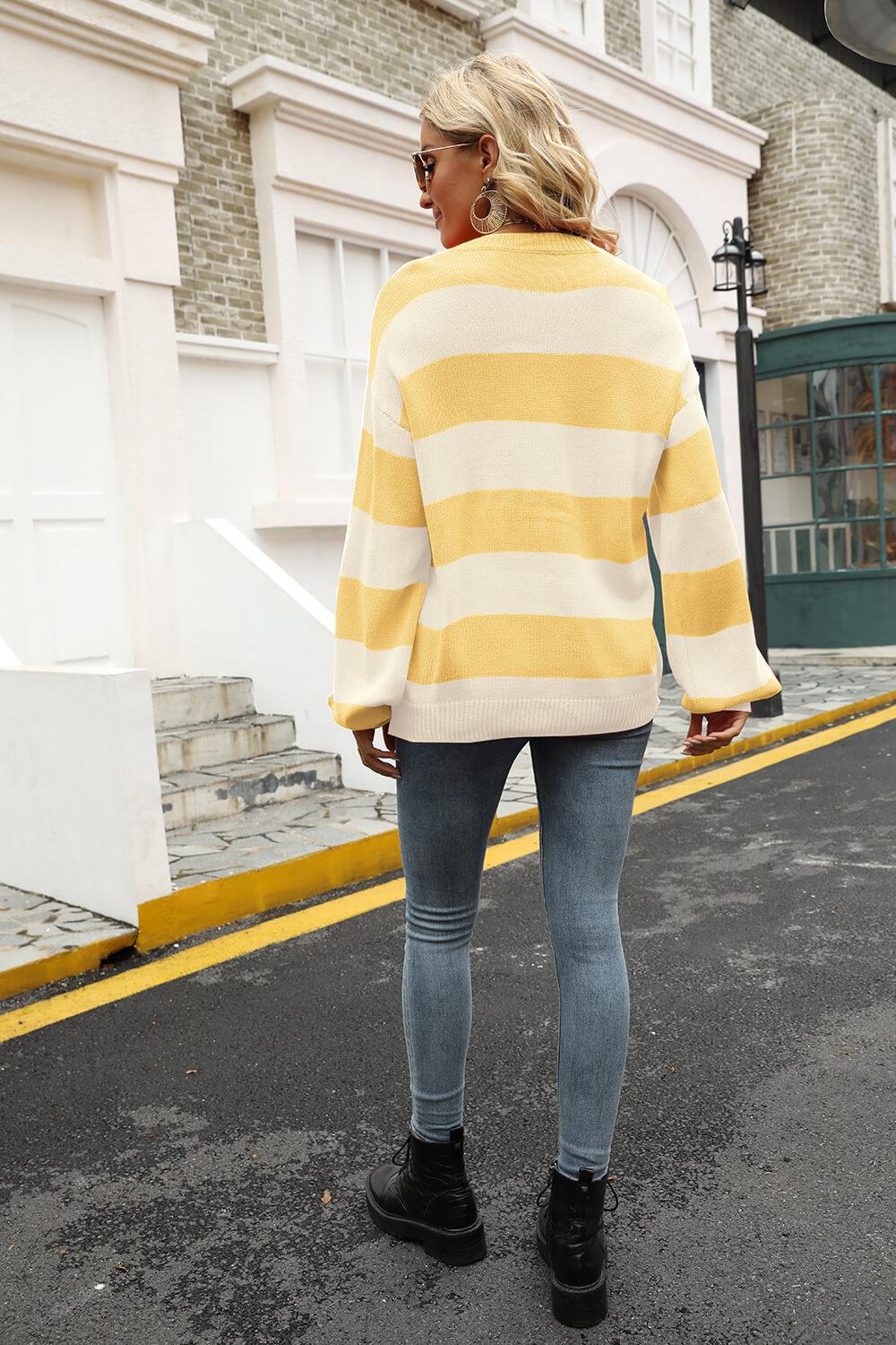 Striped Balloon Sleeve Knit Pullover BLUE ZONE PLANET