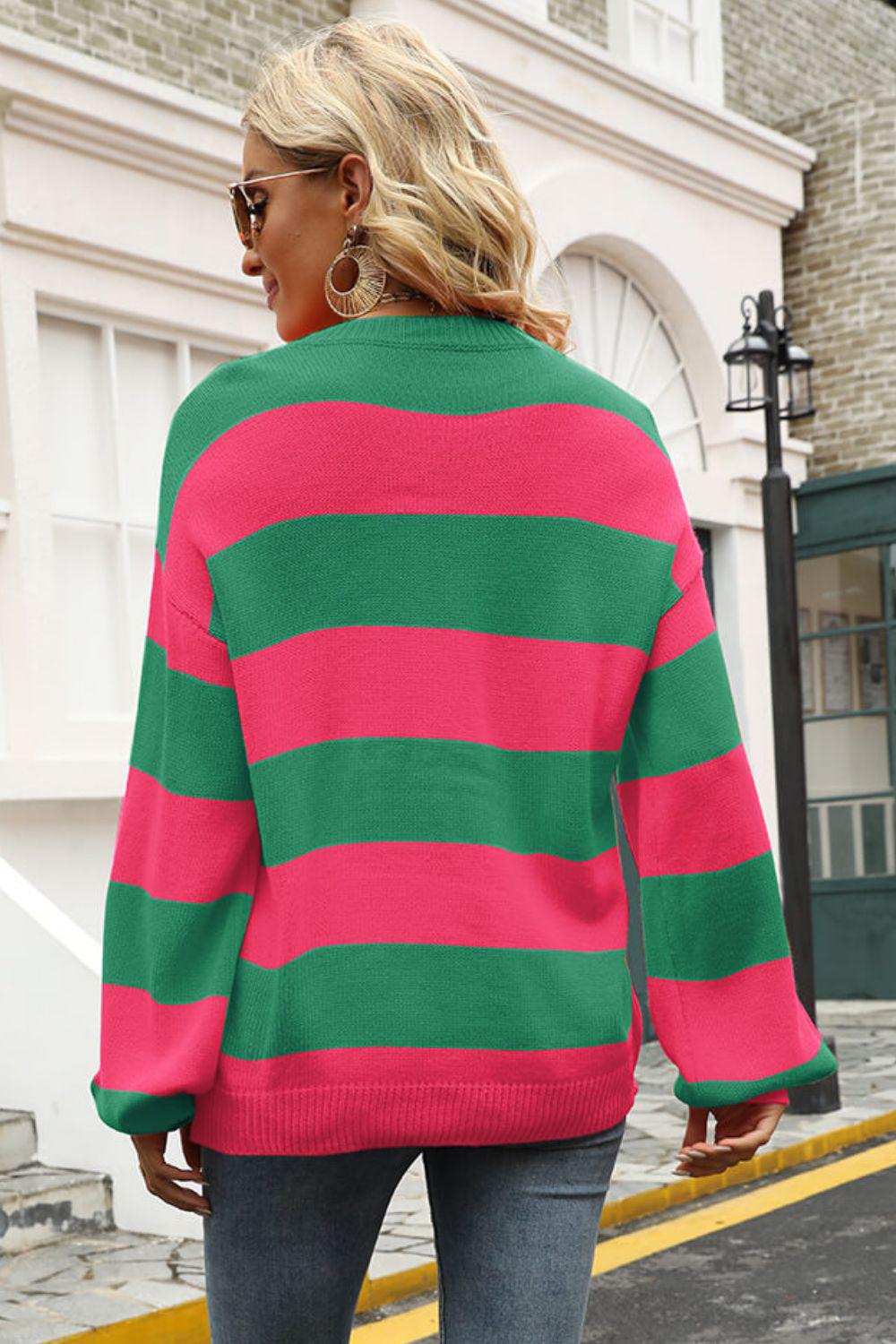 Striped Balloon Sleeve Knit Pullover BLUE ZONE PLANET