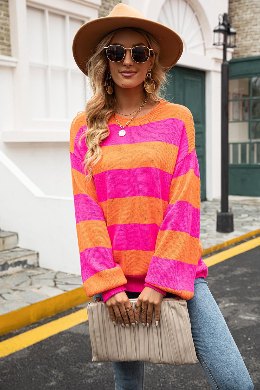 Striped Balloon Sleeve Knit Pullover BLUE ZONE PLANET