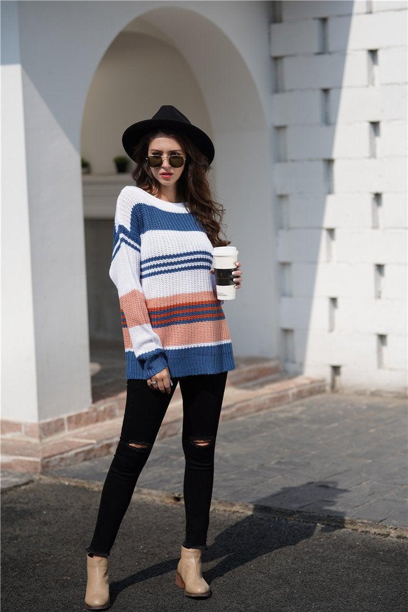 Striped Boat Neck Sweater-TOPS / DRESSES-[Adult]-[Female]-Blue-S-Blue Zone Planet