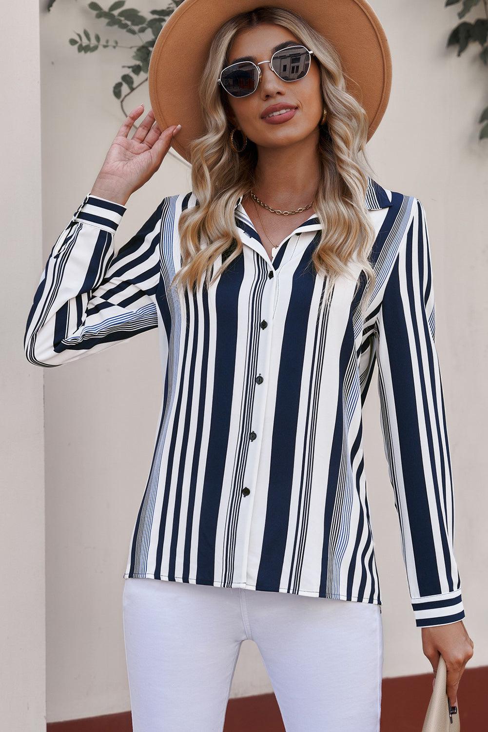 Striped Button-Down Long Sleeve Shirt BLUE ZONE PLANET