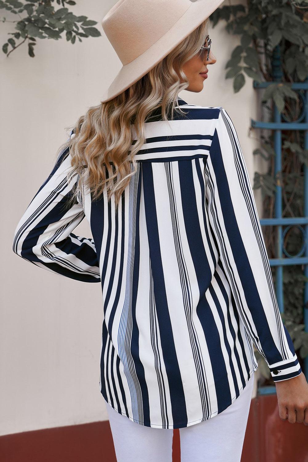 Striped Button-Down Long Sleeve Shirt BLUE ZONE PLANET