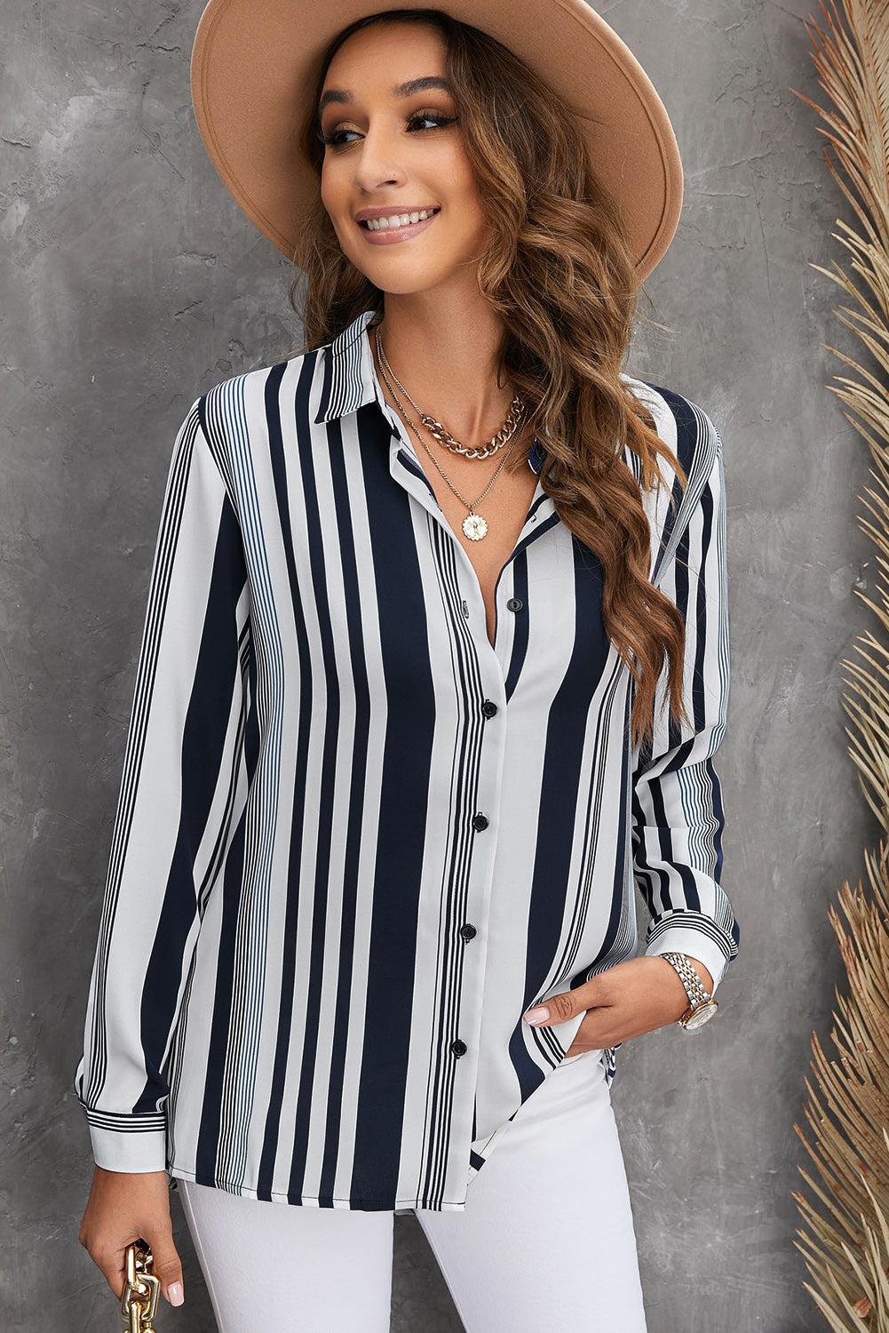 Striped Button-Down Long Sleeve Shirt BLUE ZONE PLANET