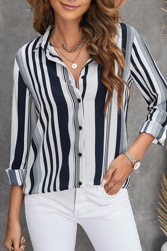 Striped Button-Down Long Sleeve Shirt BLUE ZONE PLANET