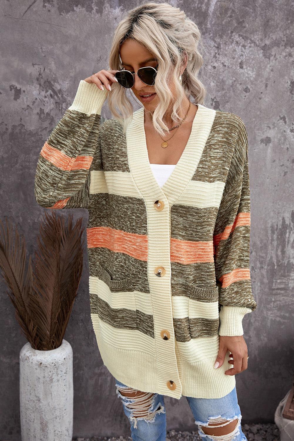 Striped Button Down Longline Cardigan with Pockets-TOPS / DRESSES-[Adult]-[Female]-Multi-S-2022 Online Blue Zone Planet