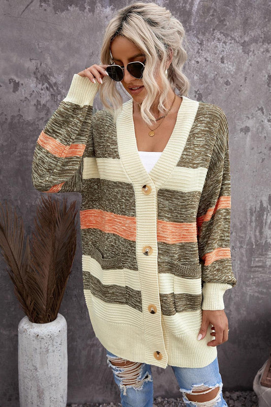Striped Button Down Longline Cardigan with Pockets BLUE ZONE PLANET