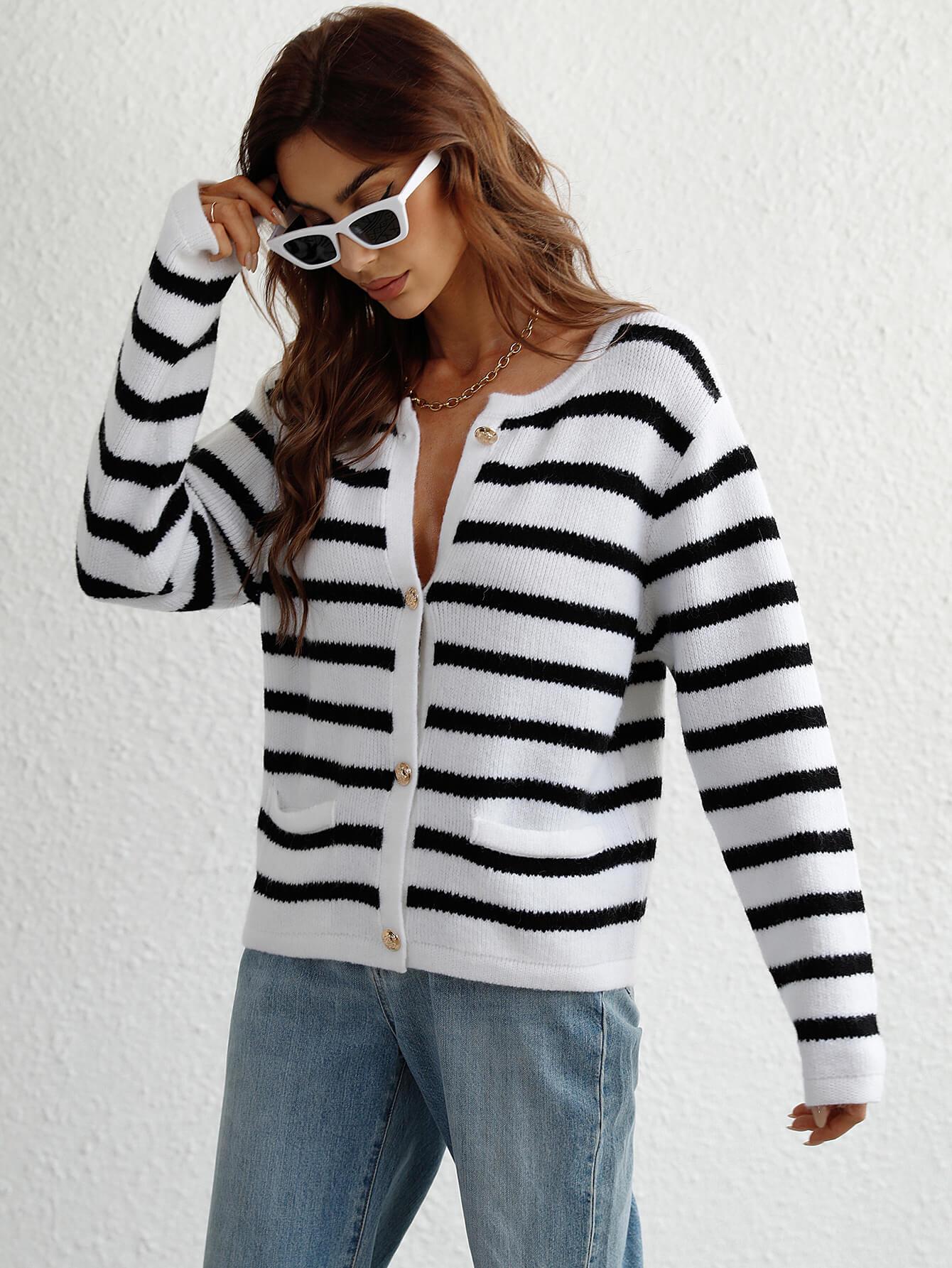 Striped Button Front Cardigan BLUE ZONE PLANET