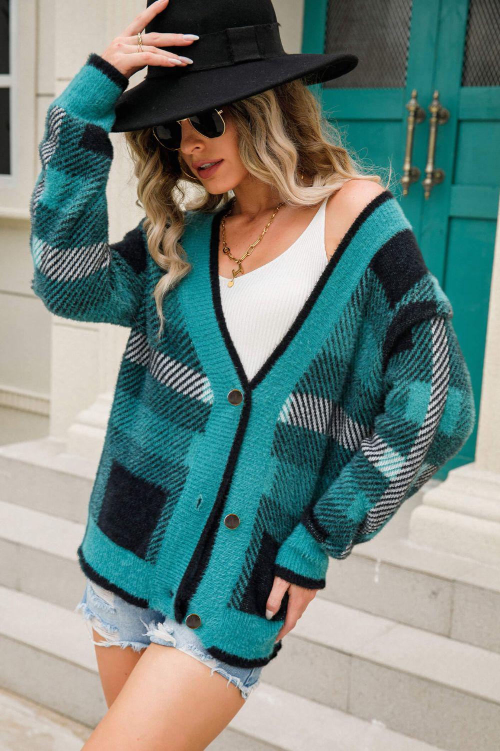 Striped Button-Front Fuzzy Cardigan BLUE ZONE PLANET