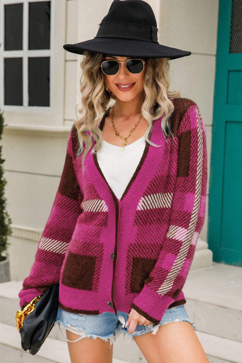 Striped Button-Front Fuzzy Cardigan-TOPS / DRESSES-[Adult]-[Female]-Fuchsia-S-2022 Blue Zone Planet Online Store