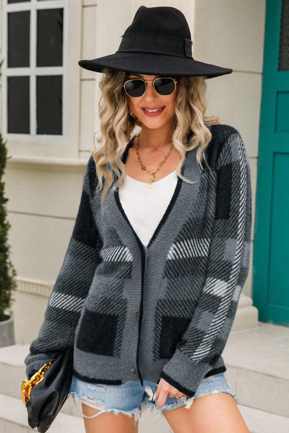 Striped Button-Front Fuzzy Cardigan-TOPS / DRESSES-[Adult]-[Female]-Gray-S-2022 Blue Zone Planet Online Store