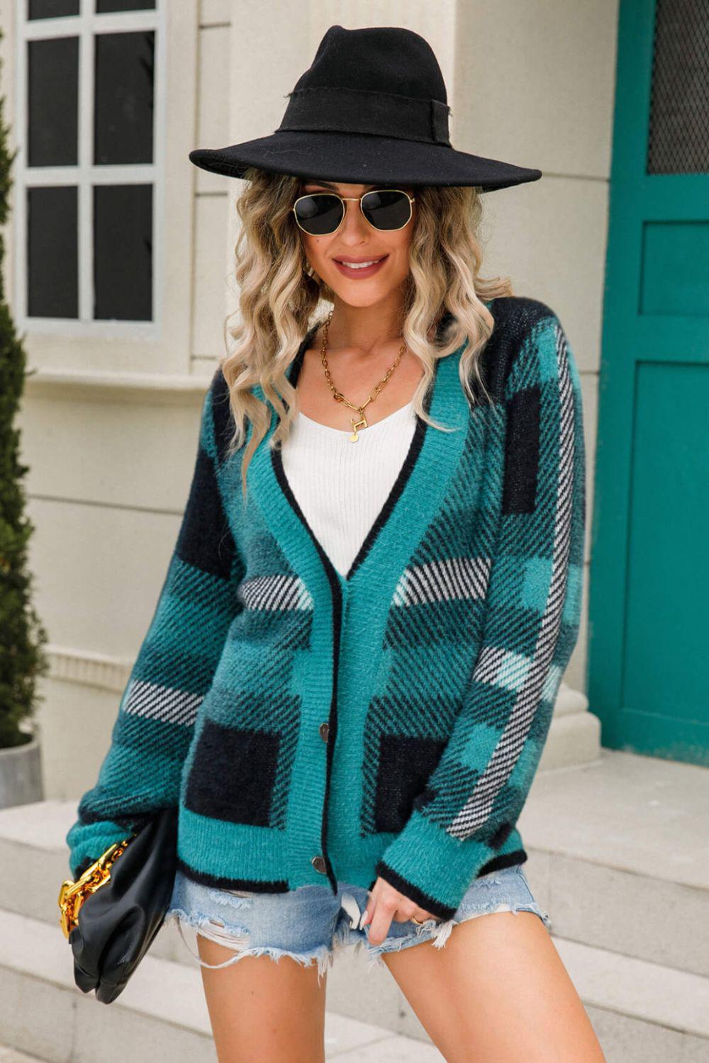 Striped Button-Front Fuzzy Cardigan-TOPS / DRESSES-[Adult]-[Female]-Green-S-2022 Blue Zone Planet Online Store