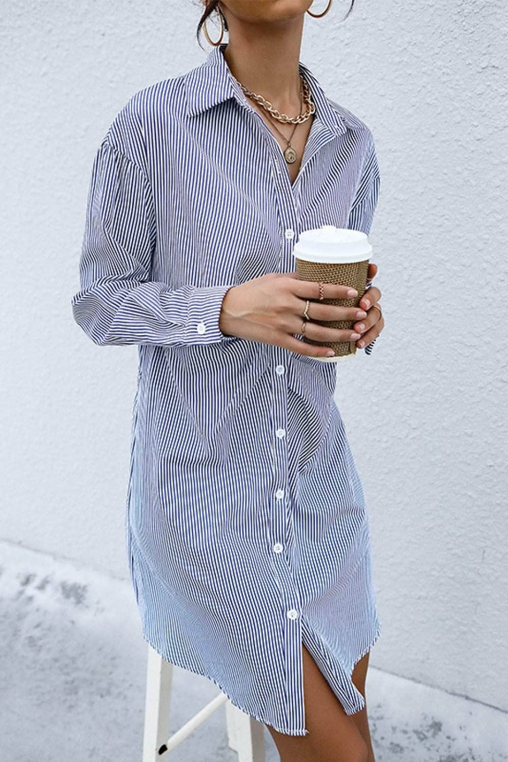 Striped Button Front Ruched Shirt Dress BLUE ZONE PLANET