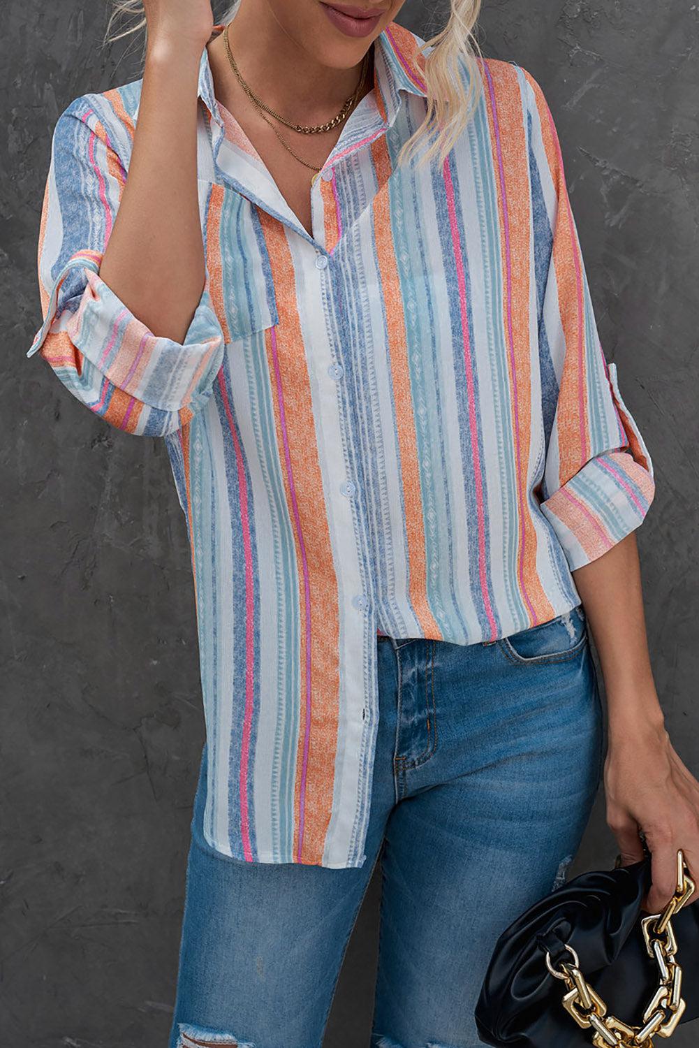 Striped Button-Up Curved Hem Shirt with Breast Pocket BLUE ZONE PLANET