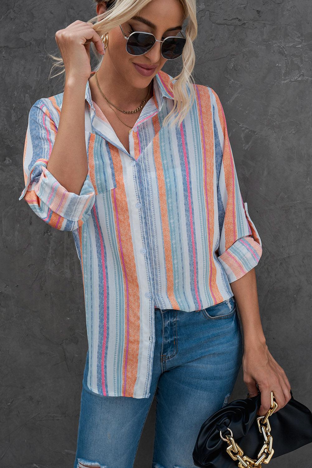 Striped Button-Up Curved Hem Shirt with Breast Pocket BLUE ZONE PLANET