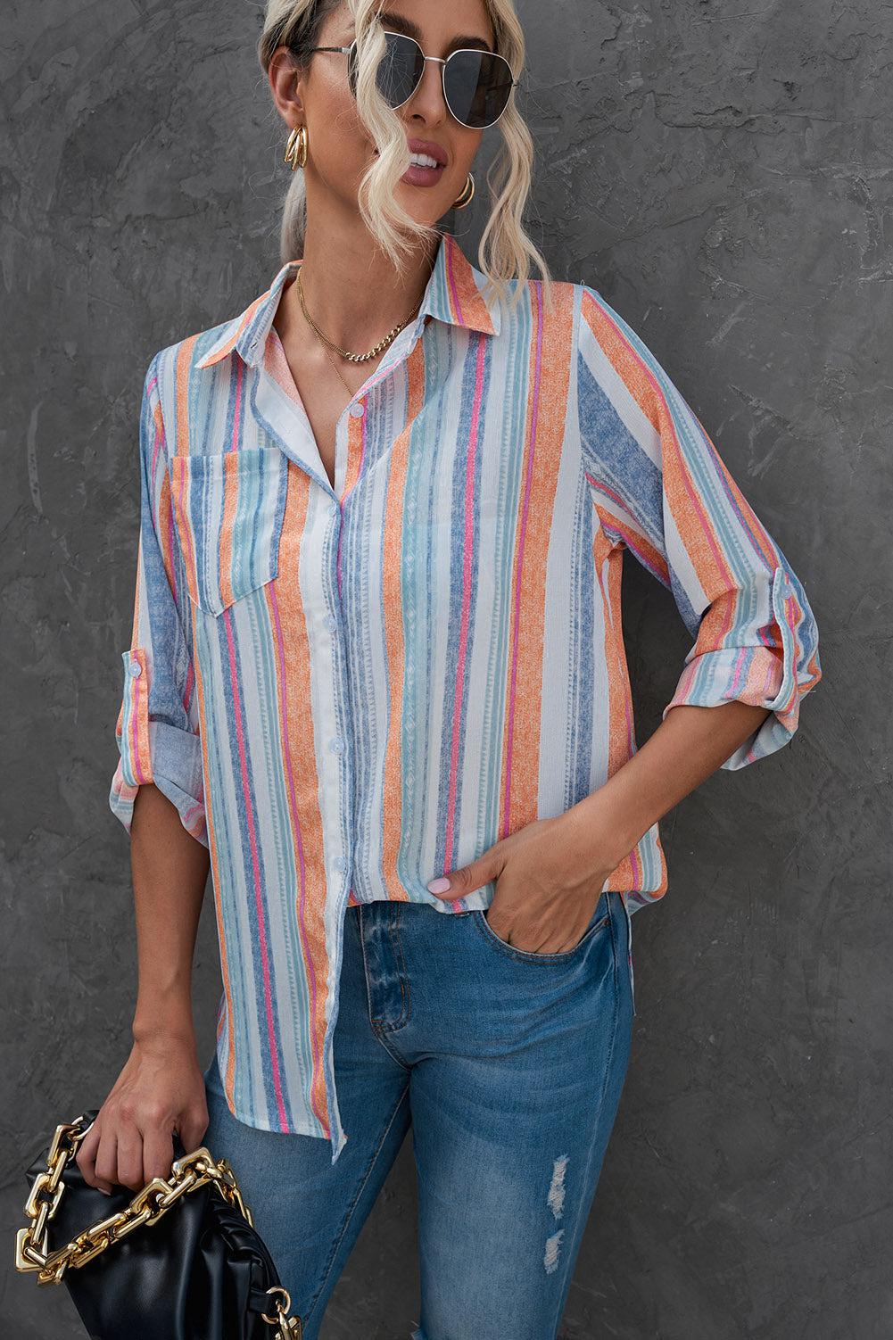 Striped Button-Up Curved Hem Shirt with Breast Pocket BLUE ZONE PLANET