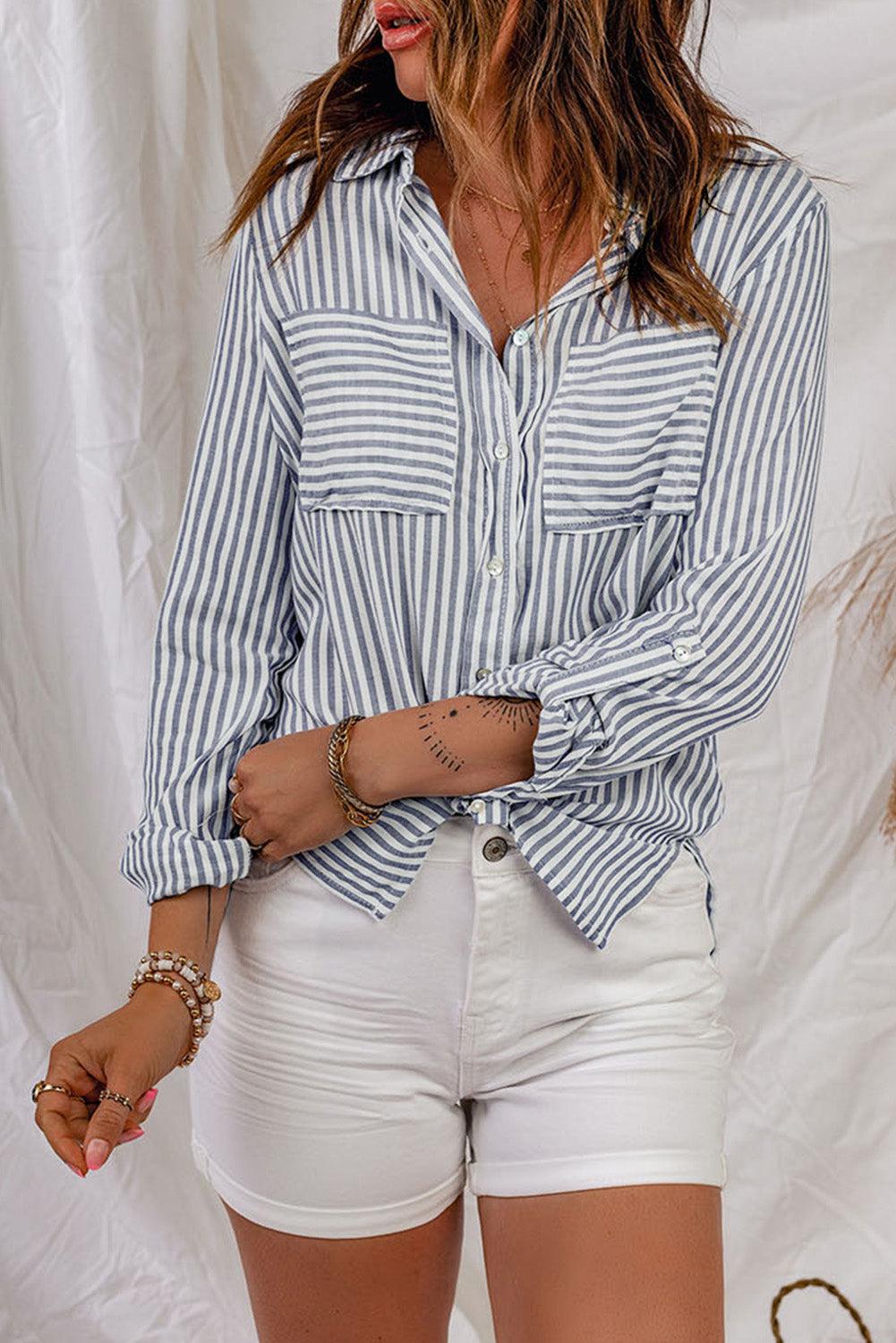 Striped Button-Up Roll-Tab Sleeve Shirt BLUE ZONE PLANET