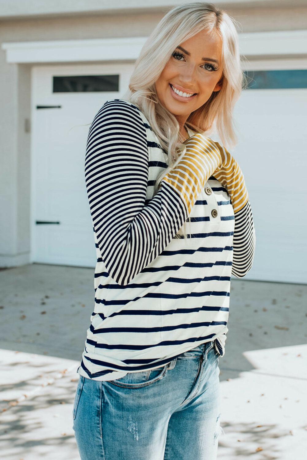 Striped Buttoned Long Sleeve Top BLUE ZONE PLANET