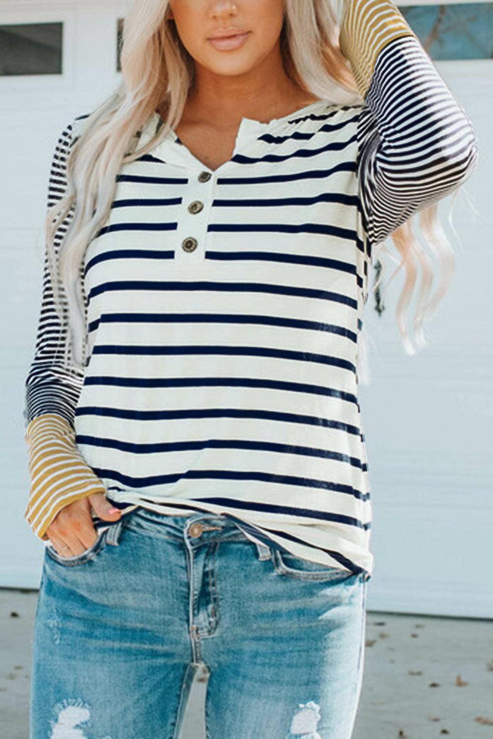 Striped Buttoned Long Sleeve Top BLUE ZONE PLANET