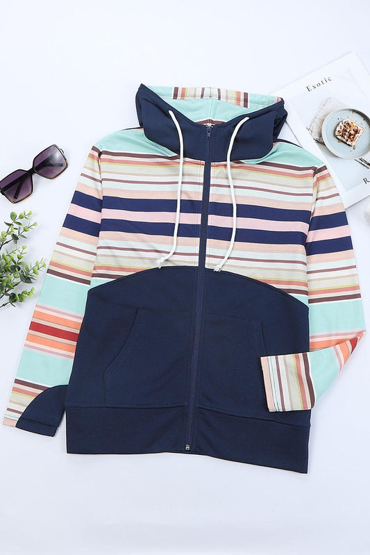 Striped Color Block Zip Up Jacket BLUE ZONE PLANET