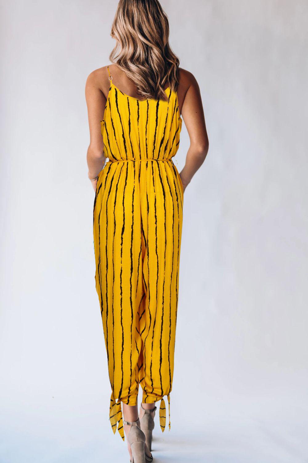 Striped Contrast Tie Ankle Spaghetti Strap Jumpsuit BLUE ZONE PLANET
